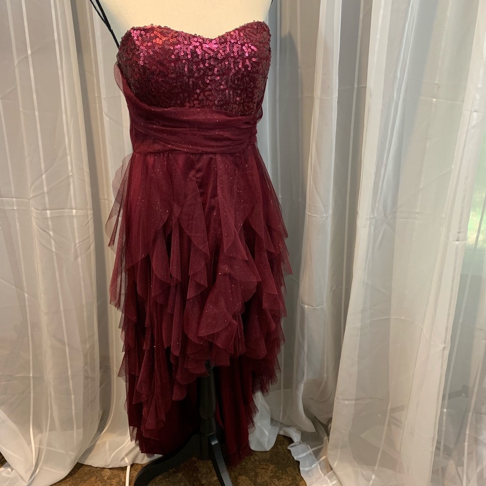 High/low strapless layered dress.  Burgundy. 13